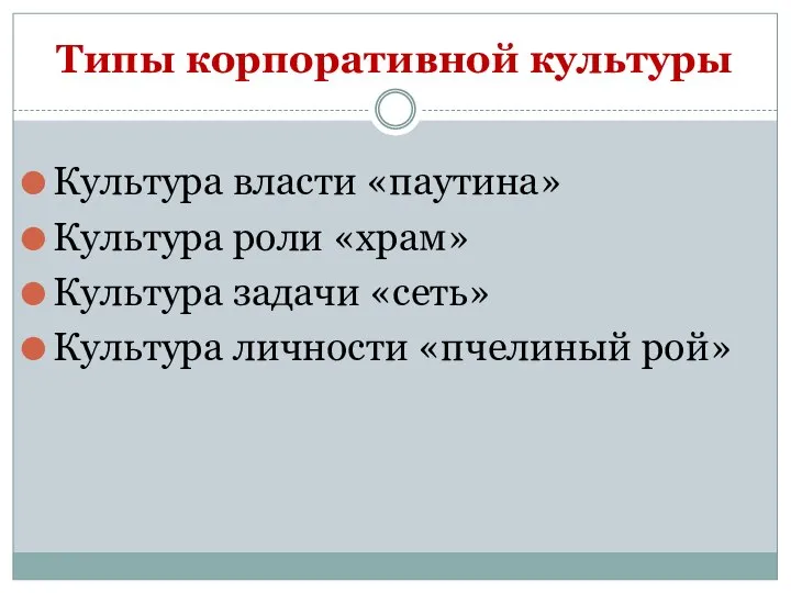 Типы корпоративной культуры Культура власти «паутина» Культура роли «храм» Культура задачи «сеть» Культура личности «пчелиный рой»