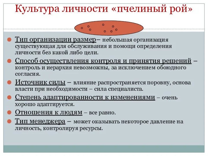 Культура личности «пчелиный рой» Тип организации размер– небольшая организация существующая для