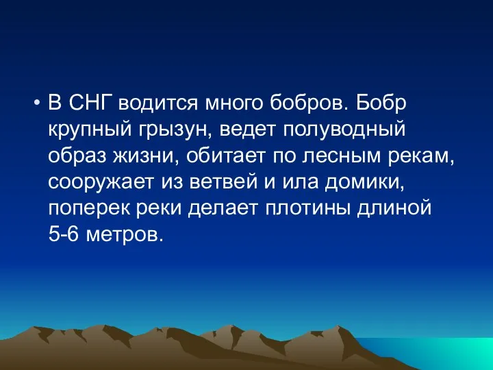 В СНГ водится много бобров. Бобр крупный грызун, ведет полуводный образ