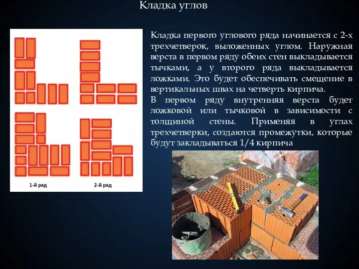 Кладка углов Кладка первого углового ряда начинается с 2-х трехчетверок, выложенных