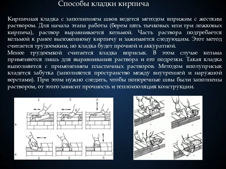 Способы кладки кирпича Кирпичная кладка с заполнением швов ведется методом вприжим