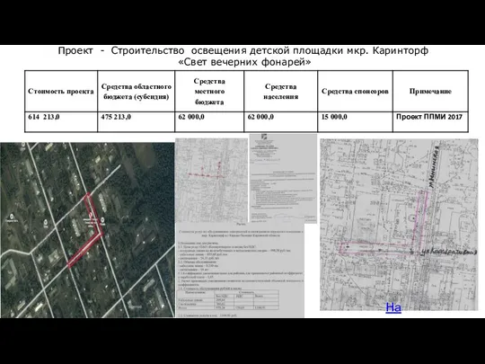 На карту Проект - Строительство освещения детской площадки мкр. Каринторф «Свет вечерних фонарей»