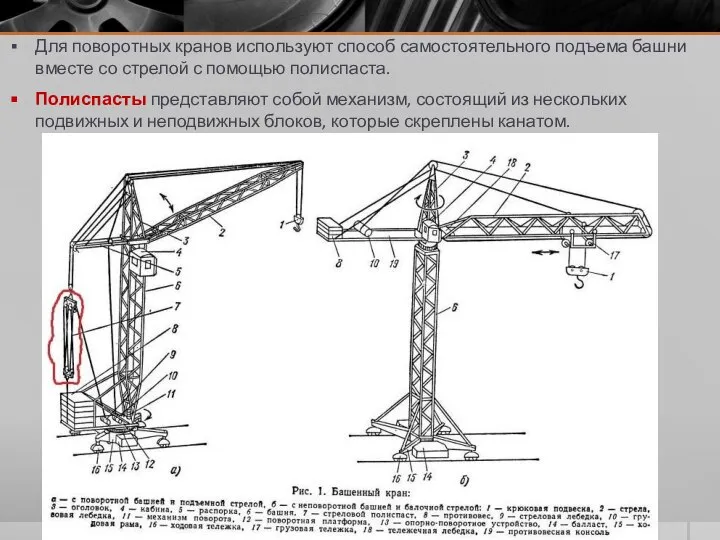 Для поворотных кранов используют способ самостоятельного подъема башни вместе со стрелой