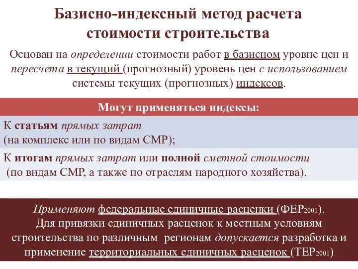 Базисно-индексный метод расчета стоимости строительства Основан на определении стоимости работ в