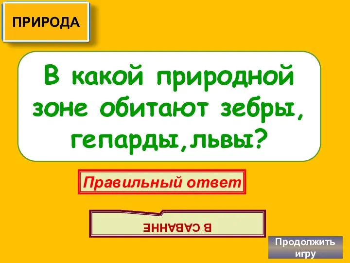 В какой природной зоне обитают зебры, гепарды,львы? Продолжить игру Правильный ответ В САВАННЕ