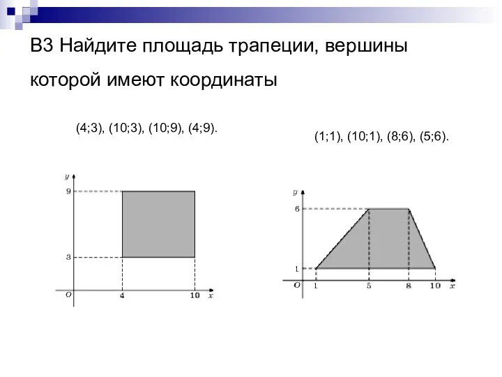 В3 Найдите площадь трапеции, вершины которой имеют координаты (4;3), (10;3), (10;9), (4;9). (1;1), (10;1), (8;6), (5;6).