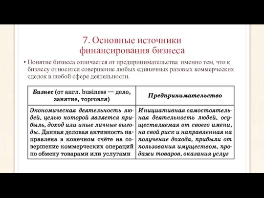 7. Основные источники финансирования бизнеса Понятие бизнеса отличается от предпринимательства именно