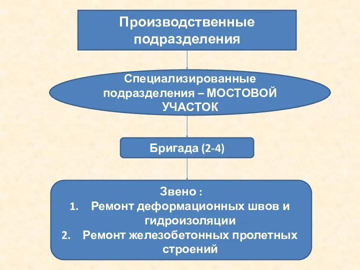 Производственные подразделения Специализированные подразделения – МОСТОВОЙ УЧАСТОК Бригада (2-4) Звено :