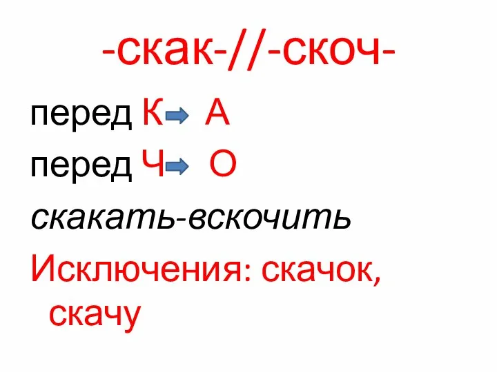 -скак-//-скоч- перед К А перед Ч О скакать-вскочить Исключения: скачок, скачу