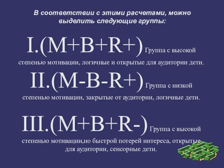 В соответствии с этими расчетами, можно выделить следующие группы: I.(M+B+R+) Группа