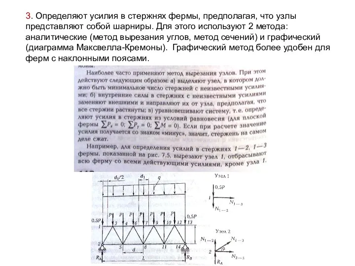 3. Определяют усилия в стержнях фермы, предполагая, что узлы представляют собой