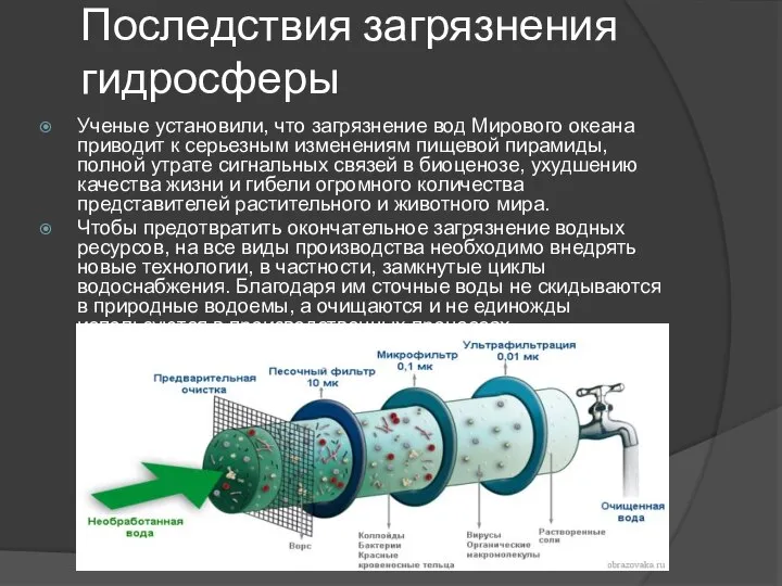 Последствия загрязнения гидросферы Ученые установили, что загрязнение вод Мирового океана приводит