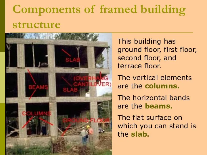 Components of framed building structure This building has ground floor, first