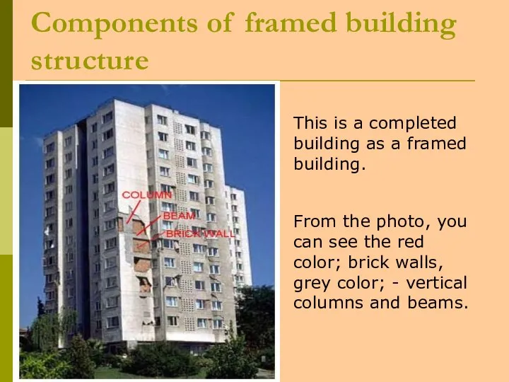 Components of framed building structure This is a completed building as