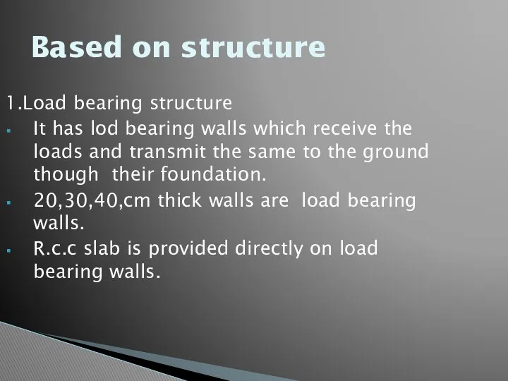 Based on structure 1.Load bearing structure It has lod bearing walls