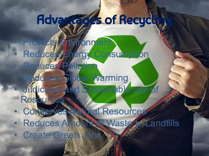 Advantages of Recycling Protects Environment Reduces Energy Consumption Reduces Pollution Reduces