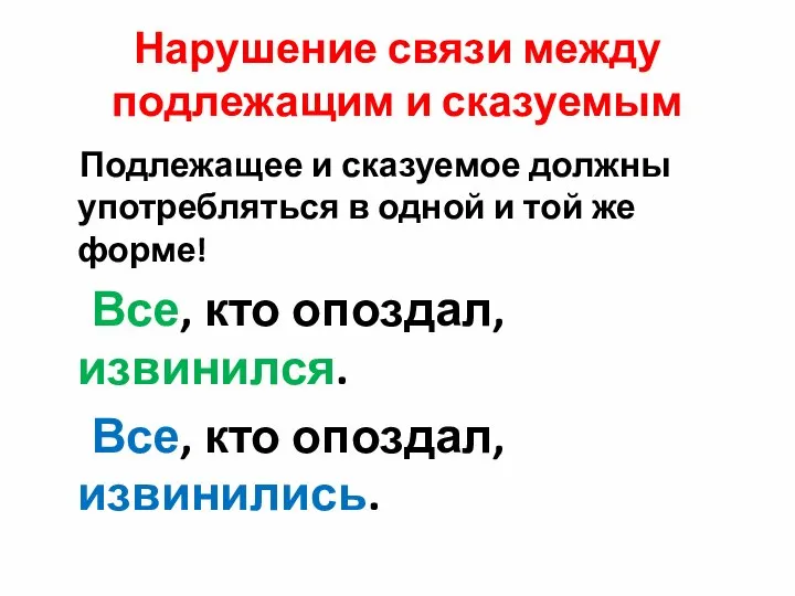 Нарушение связи между подлежащим и сказуемым Подлежащее и сказуемое должны употребляться