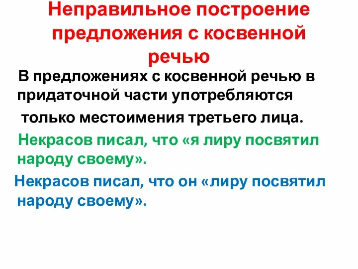 Неправильное построение предложения с косвенной речью В предложениях с косвенной речью