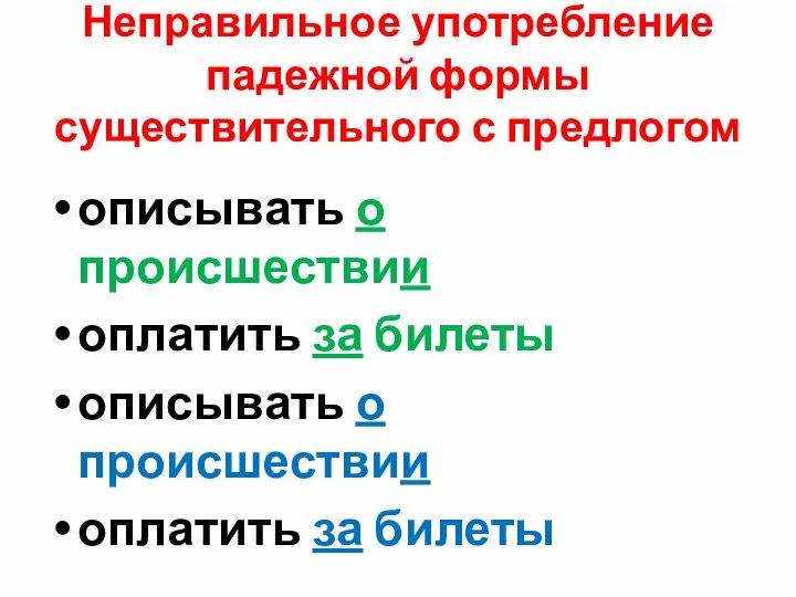 Неправильное употребление падежной формы существительного с предлогом описывать о происшествии оплатить