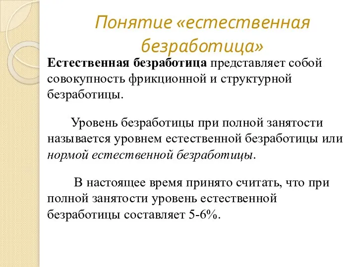 Понятие «естественная безработица» Естественная безработица представляет собой совокупность фрикционной и структурной