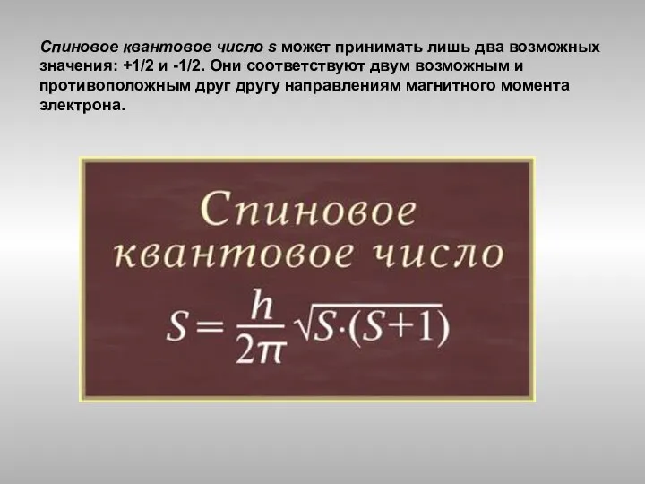 Спиновое квантовое число s может принимать лишь два возможных значения: +1/2