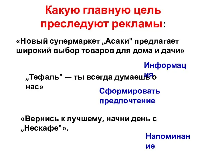 Какую главную цель преследуют рекламы: «Новый супермаркет „Асаки" предлагает широкий выбор