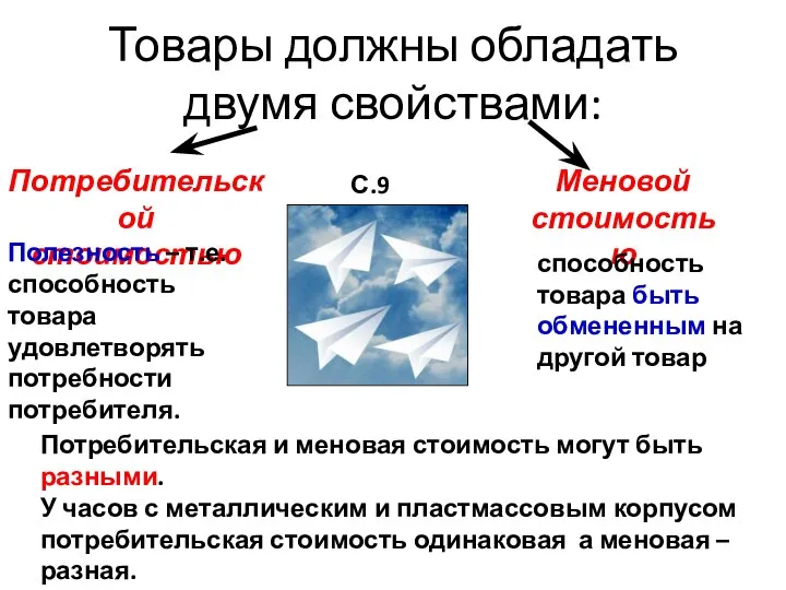 Товары должны обладать двумя свойствами: Потребительской стоимостью Меновой стоимостью С.98 Полезность