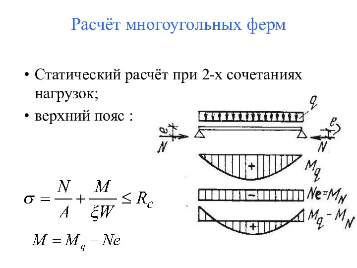 Расчёт многоугольных ферм Статический расчёт при 2-х сочетаниях нагрузок; верхний пояс :