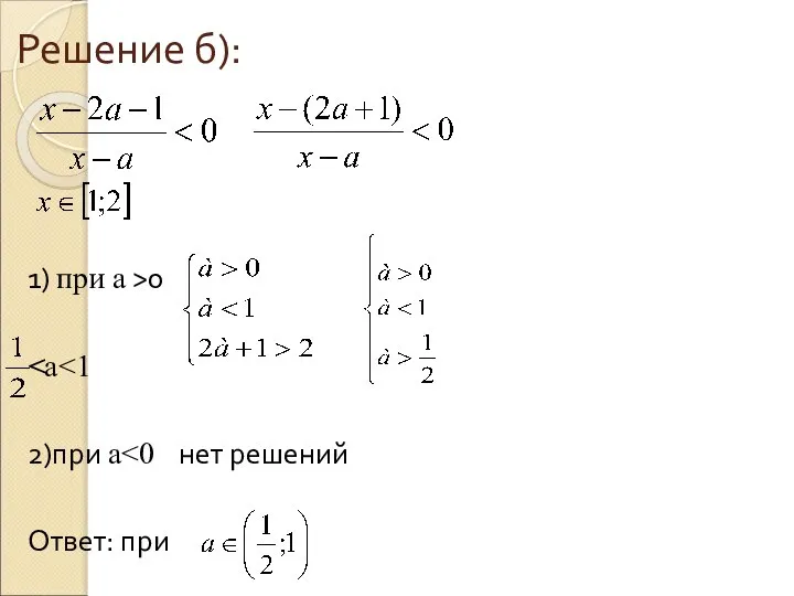 Решение б): 1) при а >0 2)при а Ответ: при