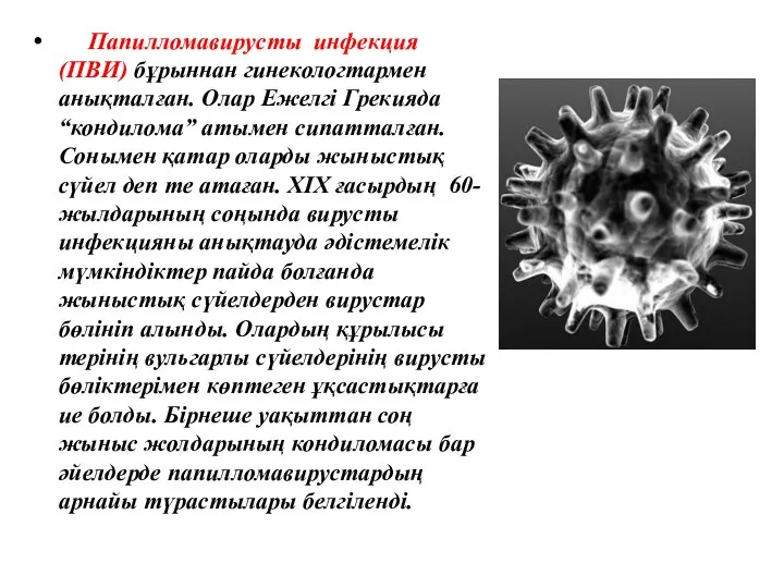 Папилломавирусты инфекция (ПВИ) бұрыннан гинекологтармен анықталған. Олар Ежелгі Грекияда “кондилома” атымен