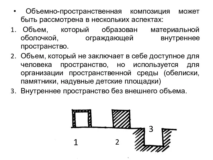 Объемно-пространственная композиция может быть рассмотрена в нескольких аспектах: Объем, который образован