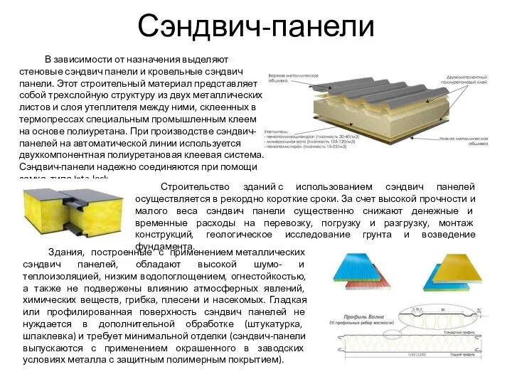 Сэндвич-панели Здания, построенные с применением металлических сэндвич панелей, обладают высокой шумо-