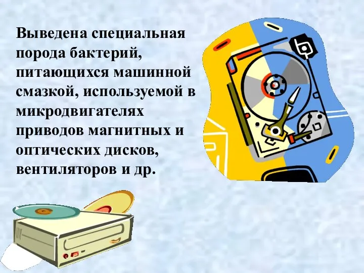 Выведена специальная порода бактерий, питающихся машинной смазкой, используемой в микродвигателях приводов