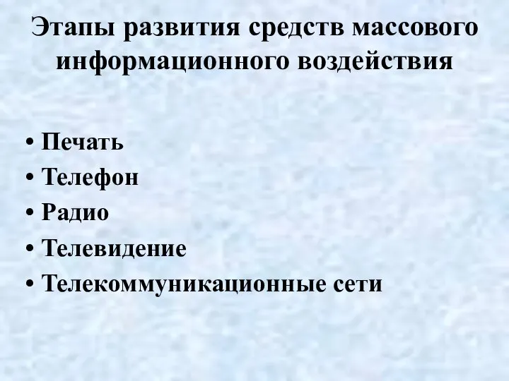 Этапы развития средств массового информационного воздействия Печать Телефон Радио Телевидение Телекоммуникационные сети