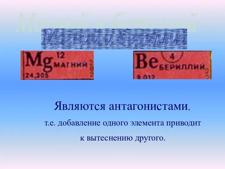 Магний и бериллий Являются антагонистами, т.е. добавление одного элемента приводит к вытеснению другого.