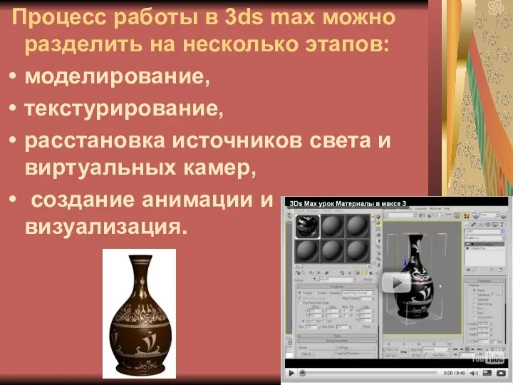 Процесс работы в 3ds max можно разделить на несколько этапов: моделирование,