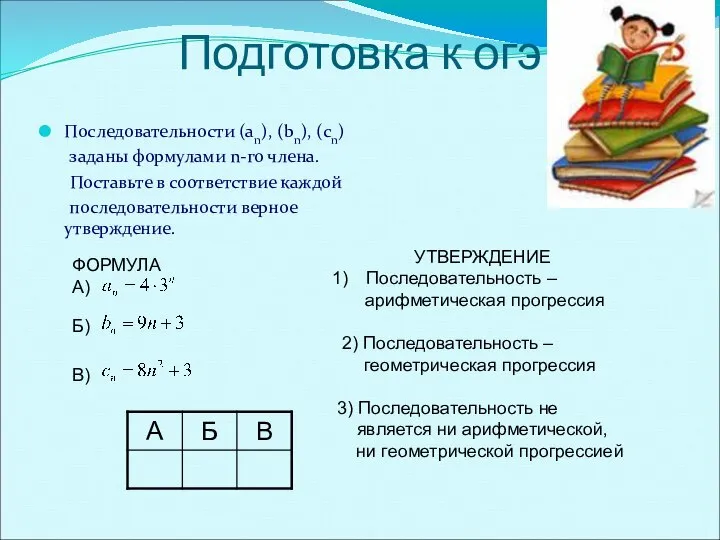 Подготовка к огэ Последовательности (an), (bn), (cn) заданы формулами n-го члена.