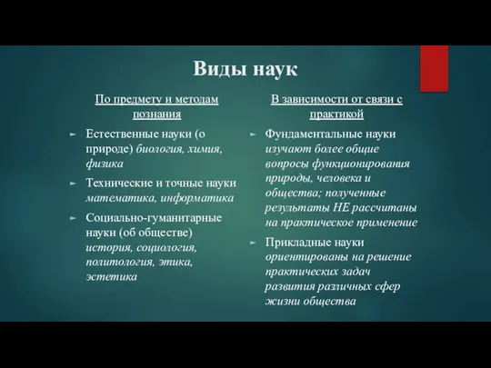 Виды наук По предмету и методам познания Естественные науки (о природе)