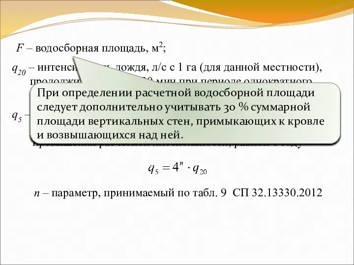 F – водосборная площадь, м2; q20 – интенсивность дождя, л/с с