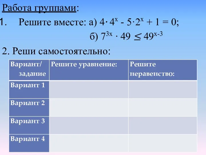 Работа группами: Решите вместе: а) 4∙ 4х - 5·2х + 1