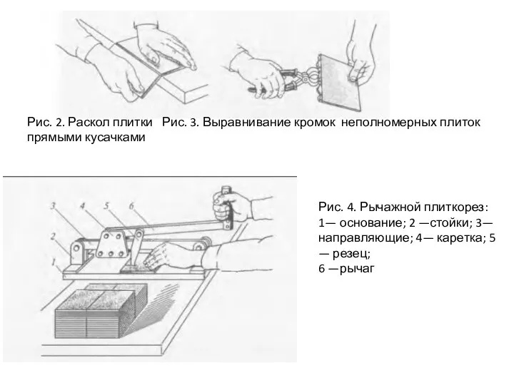 Рис. 2. Раскол плитки Рис. 3. Выравнивание кромок неполномерных плиток прямыми