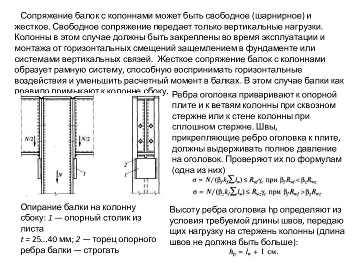 Сопряжение балок с колоннами может быть свободное (шарнирное) и жесткое. Свободное