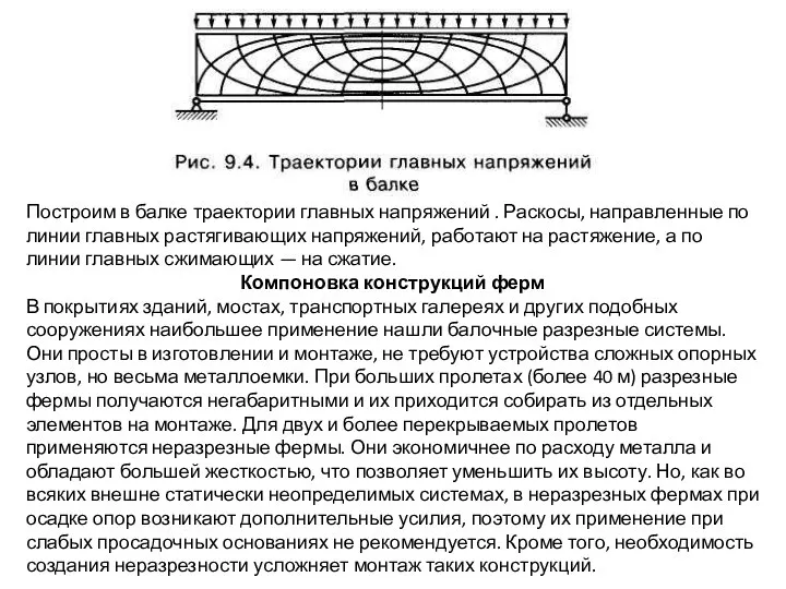 Построим в балке траектории главных напряжений . Раскосы, направленные по линии