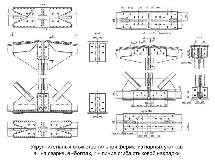 Укрупнительный стык стропильной фермы из парных уголков а - на сварке;