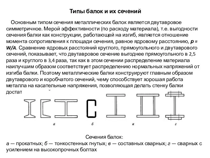 Типы балок и их сечений Основным типом сечения металлических балок является