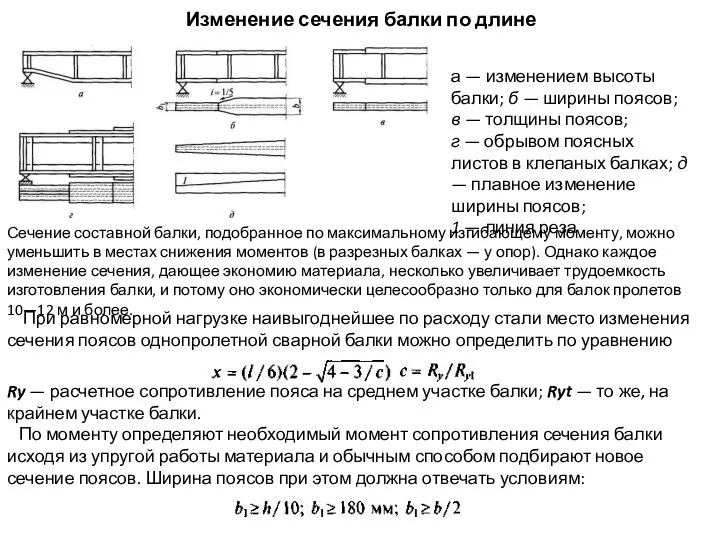 Изменение сечения балки по длине а — изменением высоты балки; б