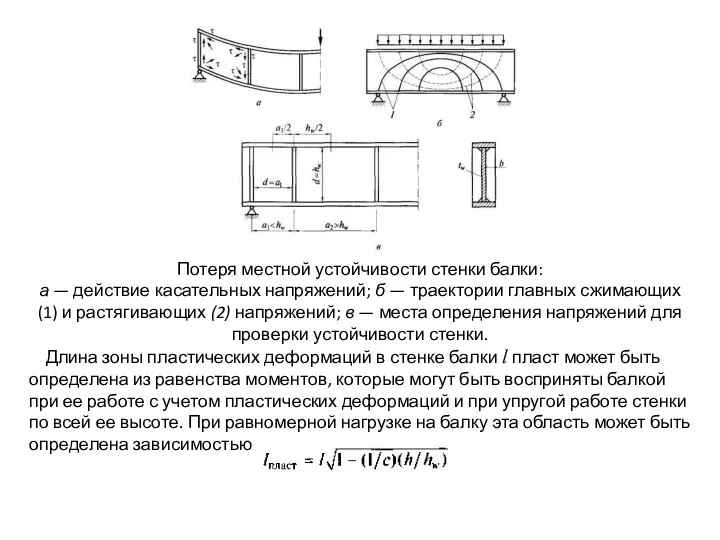 Потеря местной устойчивости стенки балки: а — действие касательных напряжений; б