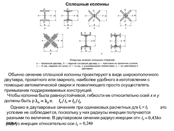 Сплошные колонны Обычно сечение сплошной колонны проектируют в виде широкополочного двутавра,