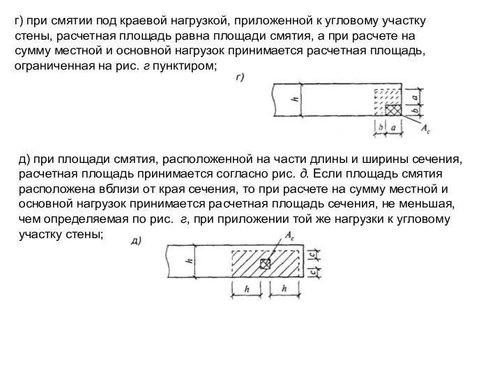 г) при смятии под краевой нагрузкой, приложенной к угловому участку стены,