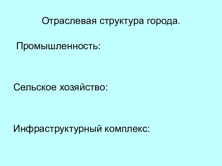 Отраслевая структура города. Промышленность: Сельское хозяйство: Инфраструктурный комплекс: